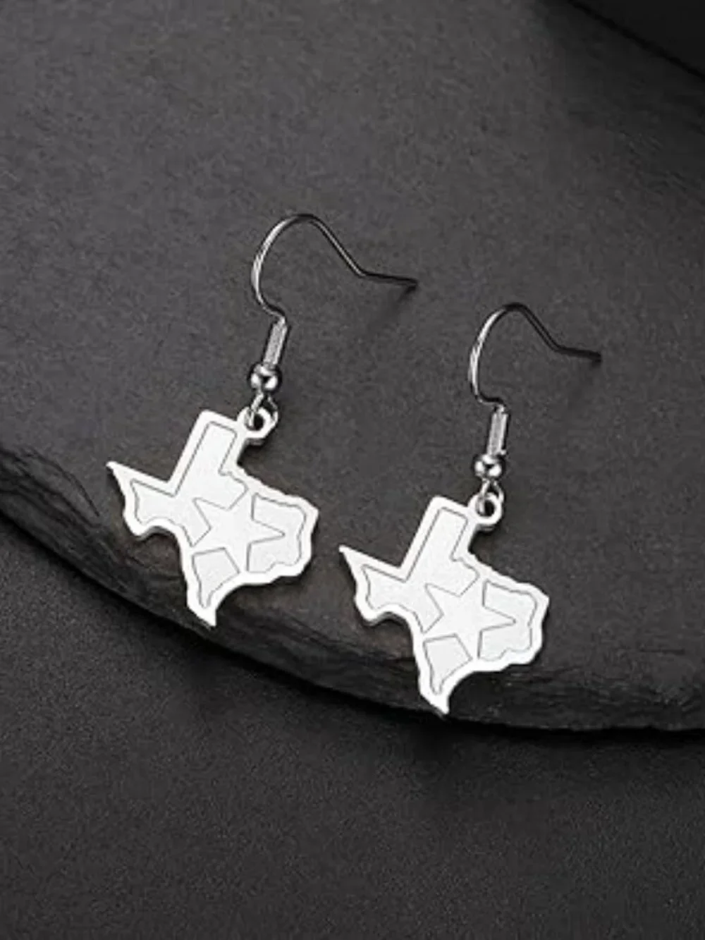 Silver Earrings the Shape of Texas‎ with Lone Star Dangle Statement